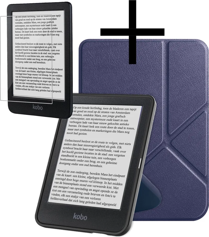 Hoes Geschikt voor Kobo Clara BW Hoesje Bookcase Cover Book Case Hoes Sleepcover Trifold Met Screenprotector de NoXx en Bleu foncé – photo du livre