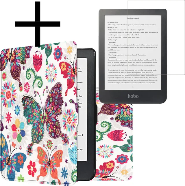 Hoes Geschikt voor Kobo Clara HD Hoesje Bookcase Cover Book Case Hoes Sleepcover Met Screenprotector - Vlinders